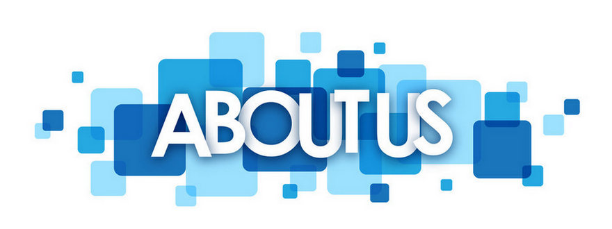 About Us text with a blue and white background