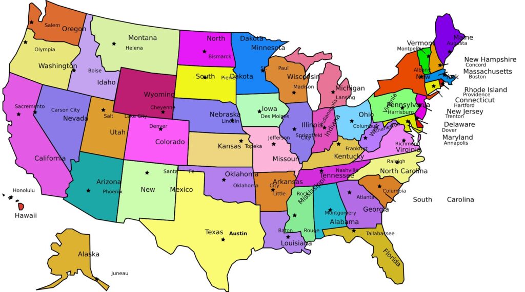 USA map displaying the 50 Capital cities