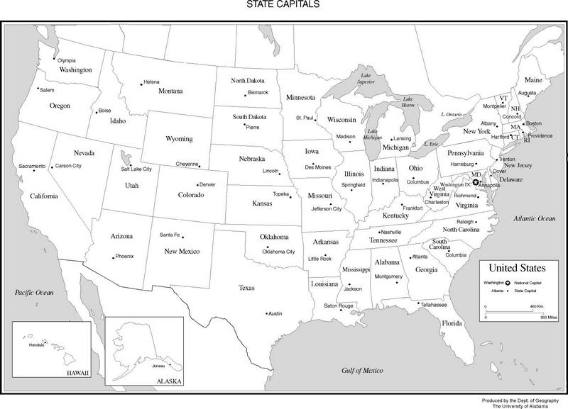 Black & White United States map with State Capitals